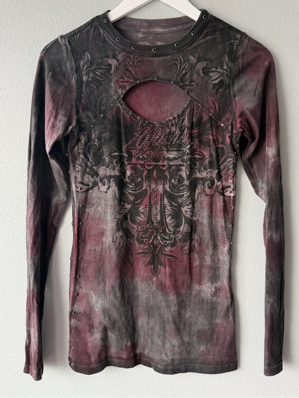 Affliction maroon black grey tie dye embellished long sleeve tee Women’s size S